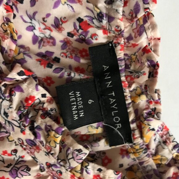Ann Taylor Floral Fit & Flare Dress Womens 6 Orange Purple Crew Neck Mini Ruffle - Picture 9 of 13
